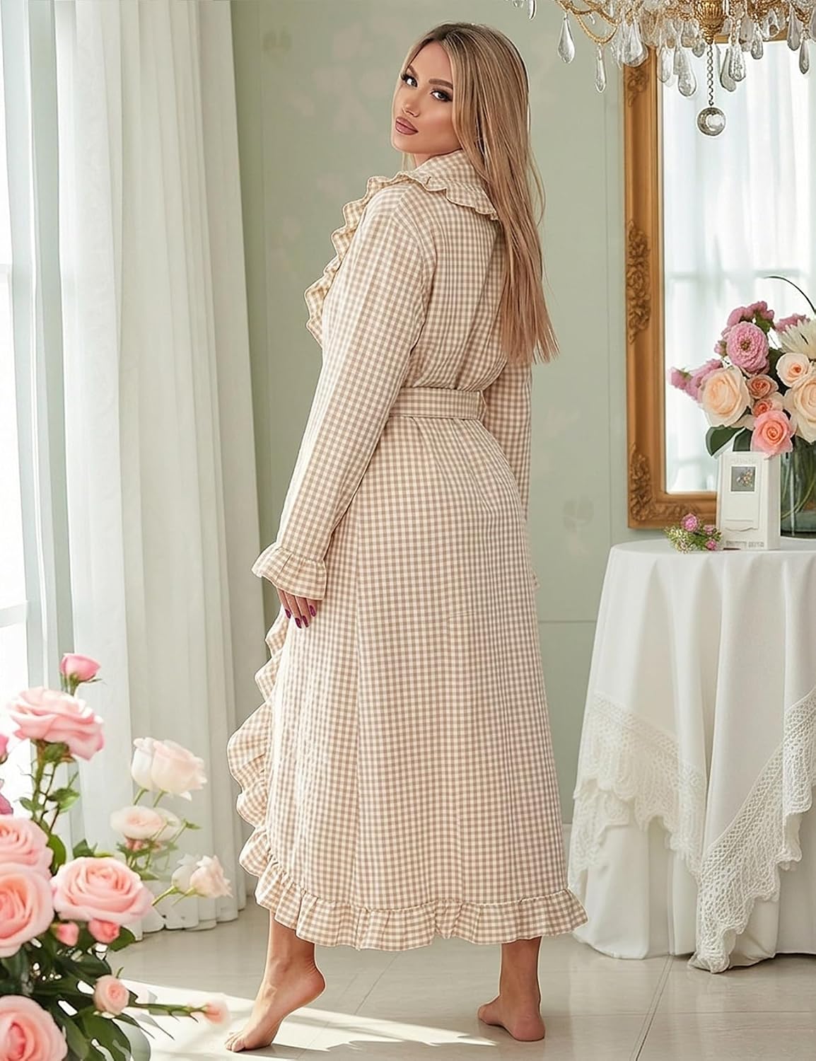 Gihuo Cotton Robes for Women Gingham Long Sleeve Ruffle Trim Bathrobe