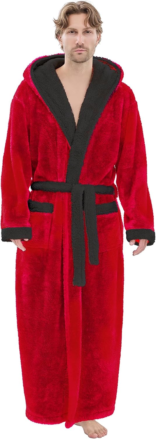 PJGGZ Mens Plush Robes Full Length, Big and Tall Fleece Hooded Bathrobe Warm Fluffy Cozy Winter Housecoat Floor Length