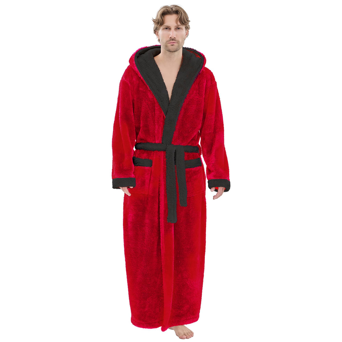 PJGGZ Mens Plush Robes Full Length, Big and Tall Fleece Hooded Bathrobe Warm Fluffy Cozy Winter Housecoat Floor Length