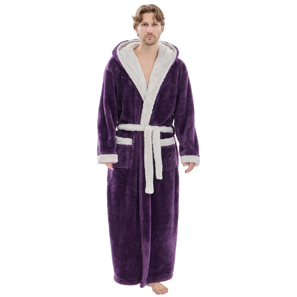 PJGGZ Mens Plush Robes Full Length, Big and Tall Fleece Hooded Bathrobe Warm Fluffy Cozy Winter Housecoat Floor Length