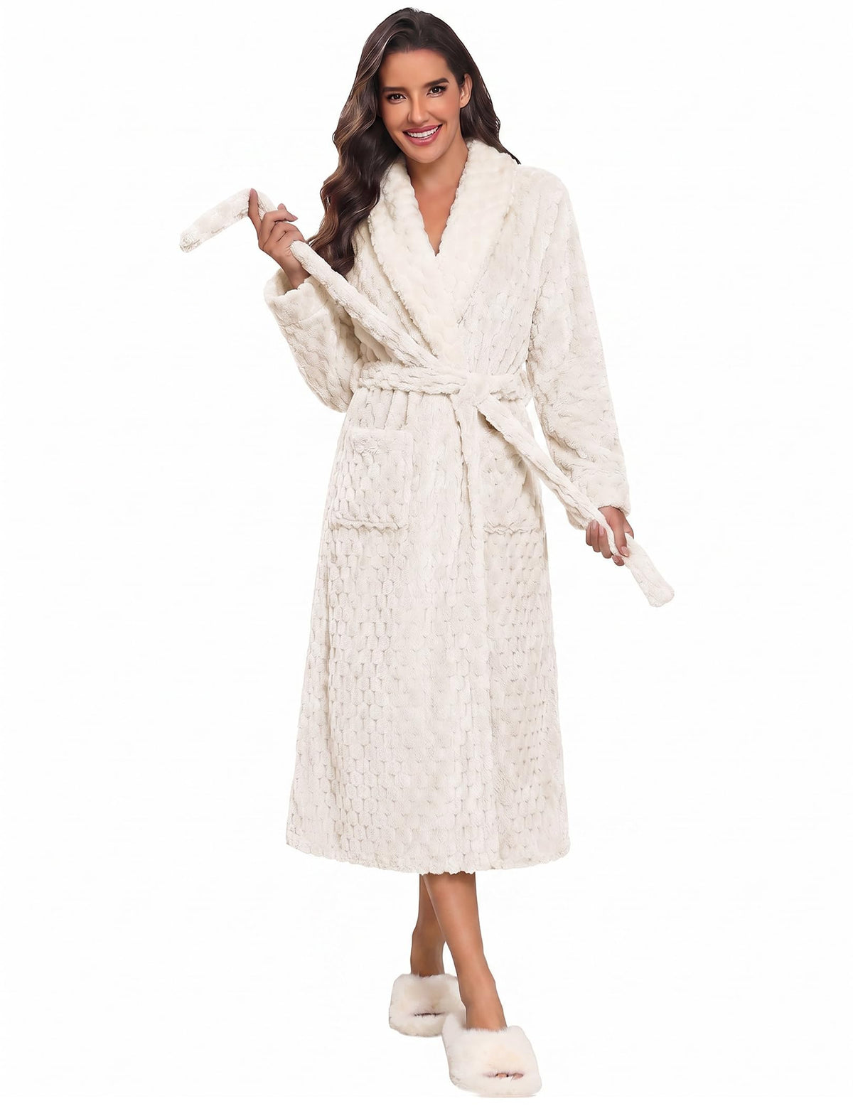 Ekouaer Women's Robe Long Winter Plush Jacquard Bathrobe with Pockets S-XXL