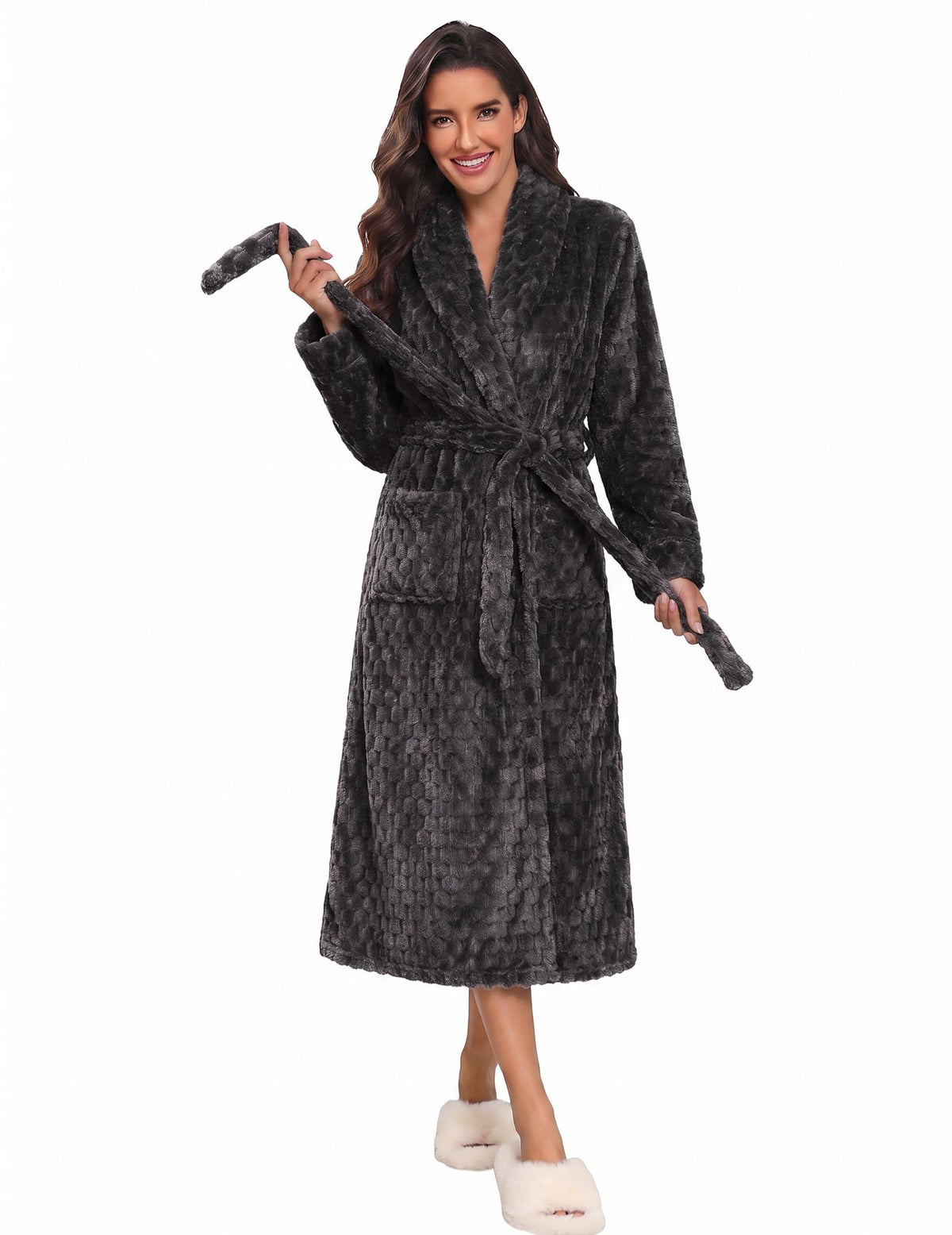 Ekouaer Women's Robe Long Winter Plush Jacquard Bathrobe with Pockets S-XXL