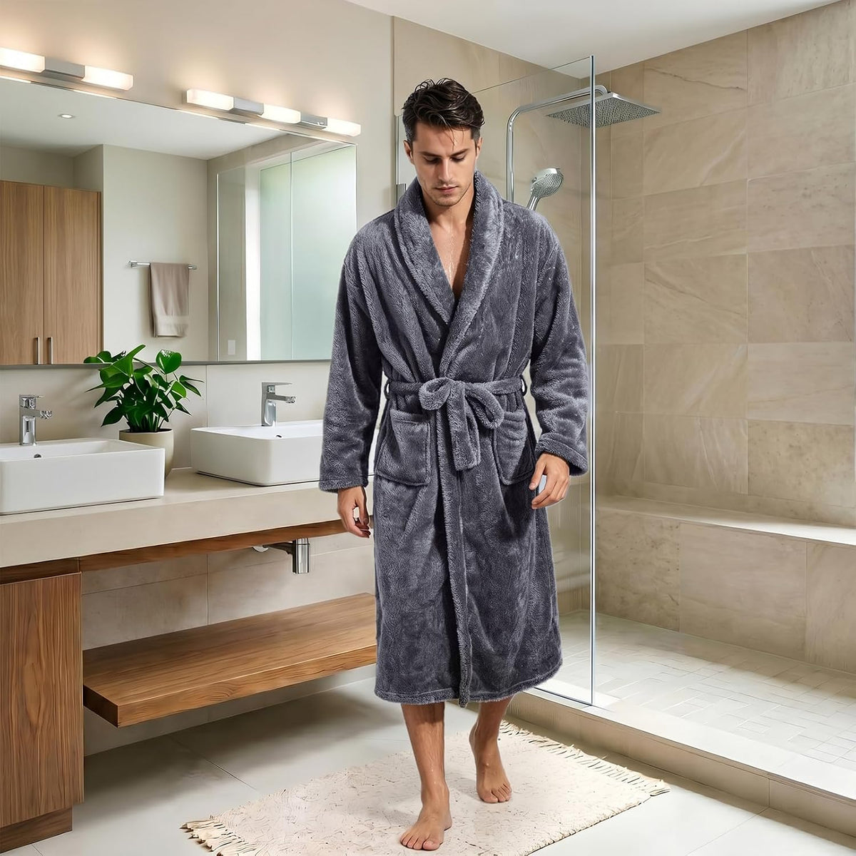 Inner Wish Mens Plush Fleece Robe, Highly Absorbent Cozy Warm Bathrobe Fuzzy Male Spa Long Robe With Pockets
