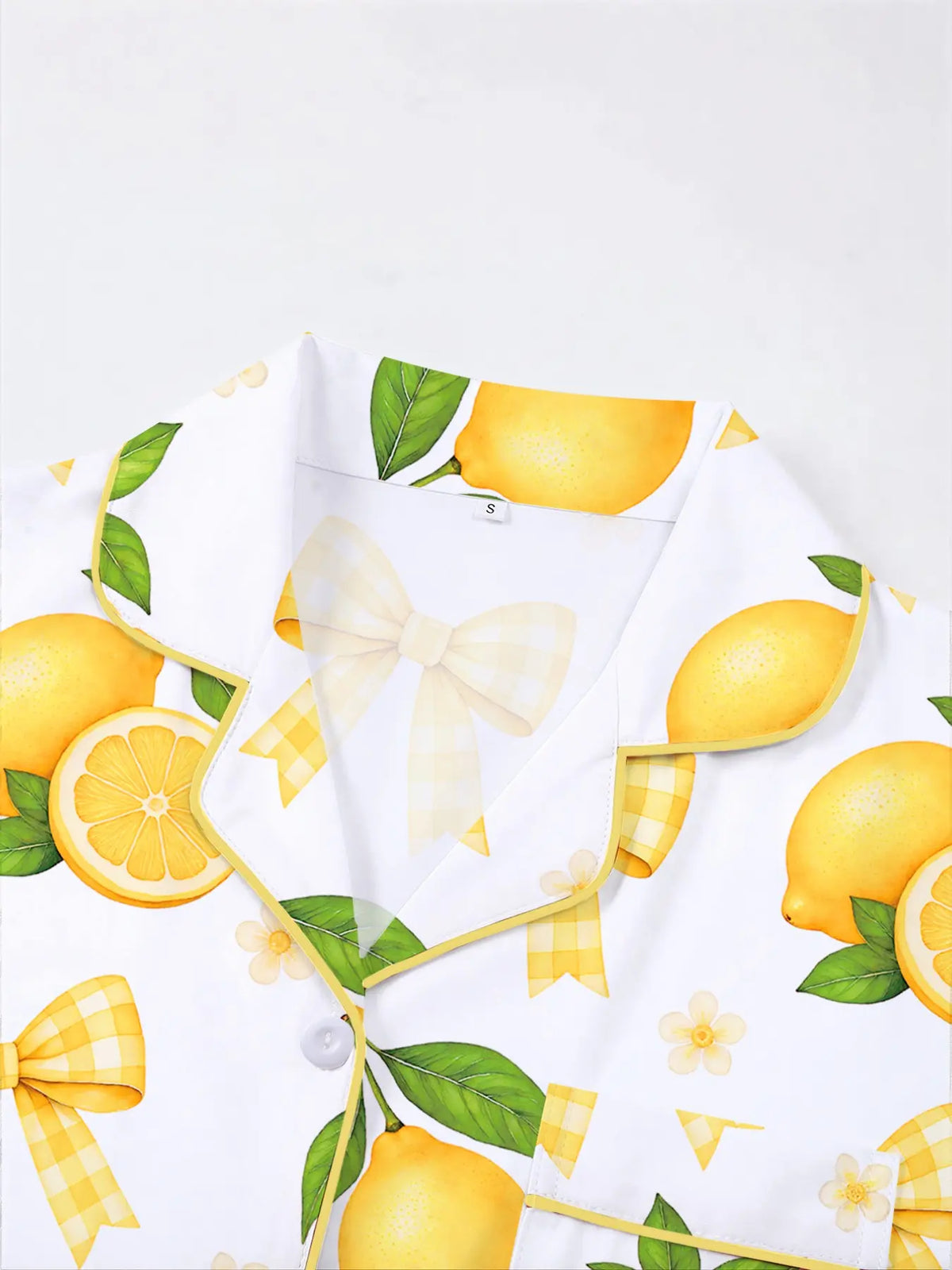 Women's Lemon & Bowknot Print Pyjama Set, Short Sleeve Button-Up Top & Elastic Waist Shorts, Casual Sleepwear & Loungewear for All Seasons, Pajamas