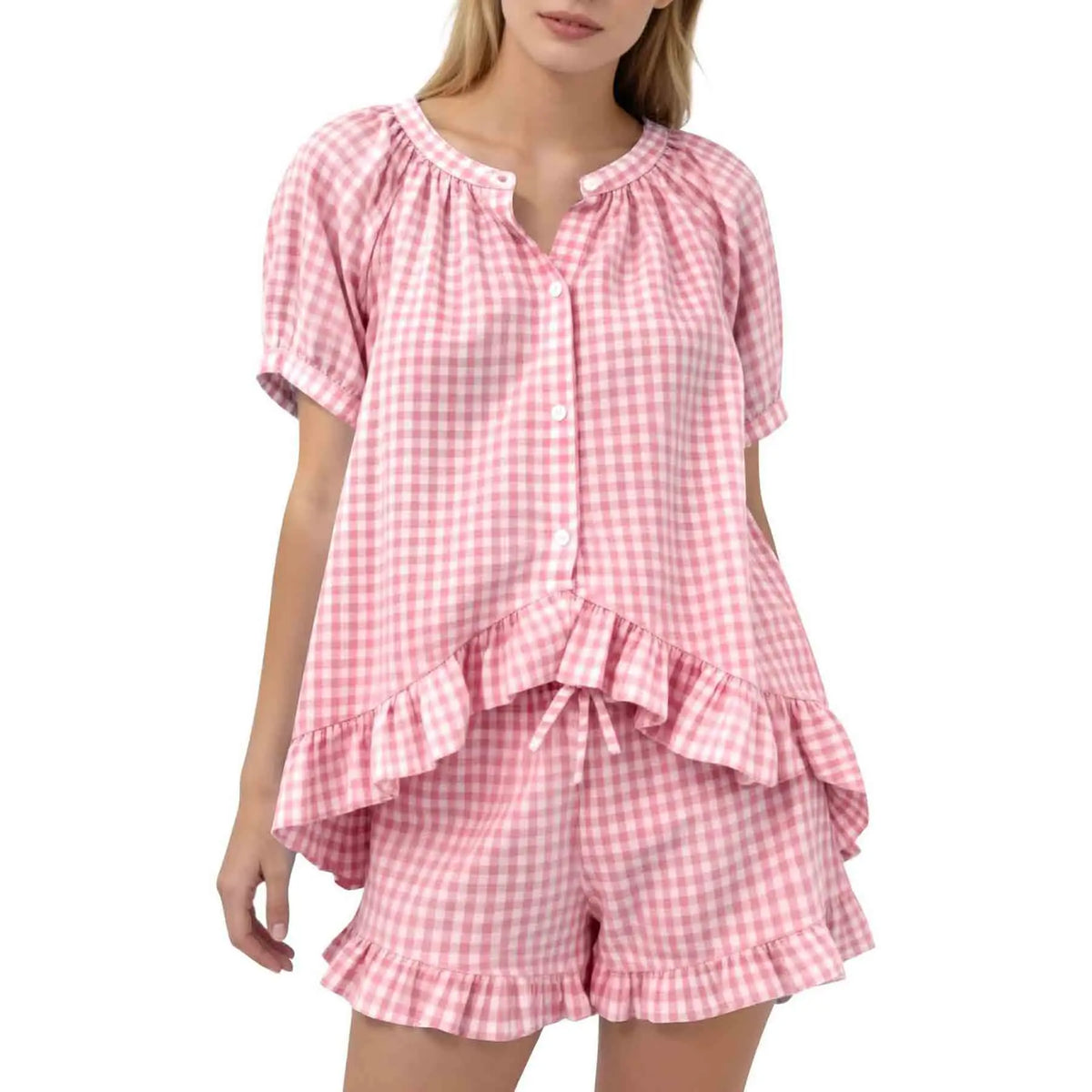 Arssm Women’s Gingham Pajamas Set – 2-Piece Cotton PJs with Ruffle Babydoll Shirt & Plaid Shorts for Cozy Sleepwear & Lounge Outfits