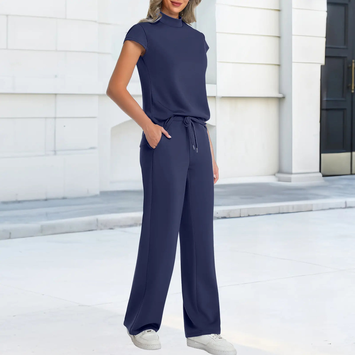 Women's 2-Piece Minimalist Lounge Set - Mock Neck Short Sleeve Top, Wide Leg Drawstring Pants, Breathable Fabric Summer Travel Basics, Cap-Sleeve Chic Sohochic