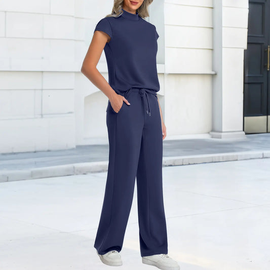 Women's 2-Piece Minimalist Lounge Set - Mock Neck Short Sleeve Top, Wide Leg Drawstring Pants, Breathable Fabric Summer Travel Basics, Cap-Sleeve Chic Sohochic
