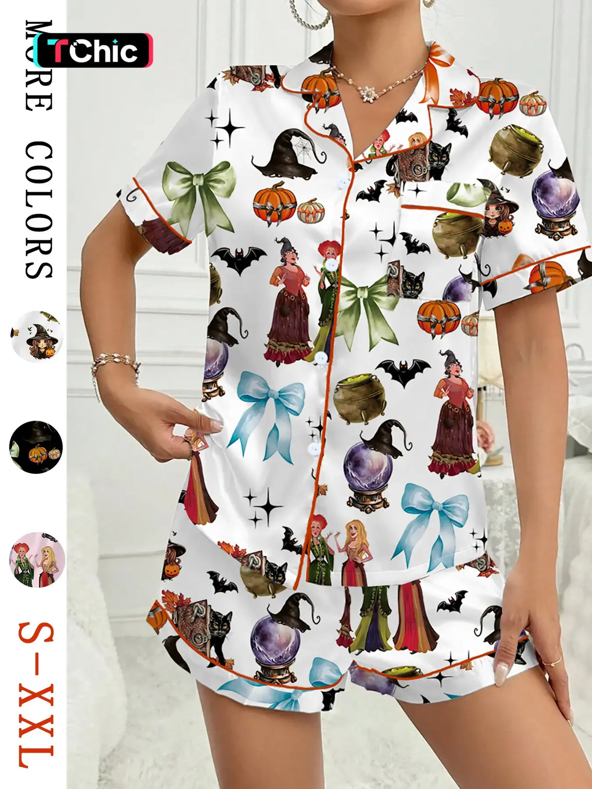 【Halloween】 Pumpkin & Bat Print Short Sleeve Fitted Women's Pajama Set Pjs, Knitted Fabric Sleepwear, Comfortable Elastic Casual Sleepwear and Loungewear for Halloween, Perfect for Sleep and Leisure