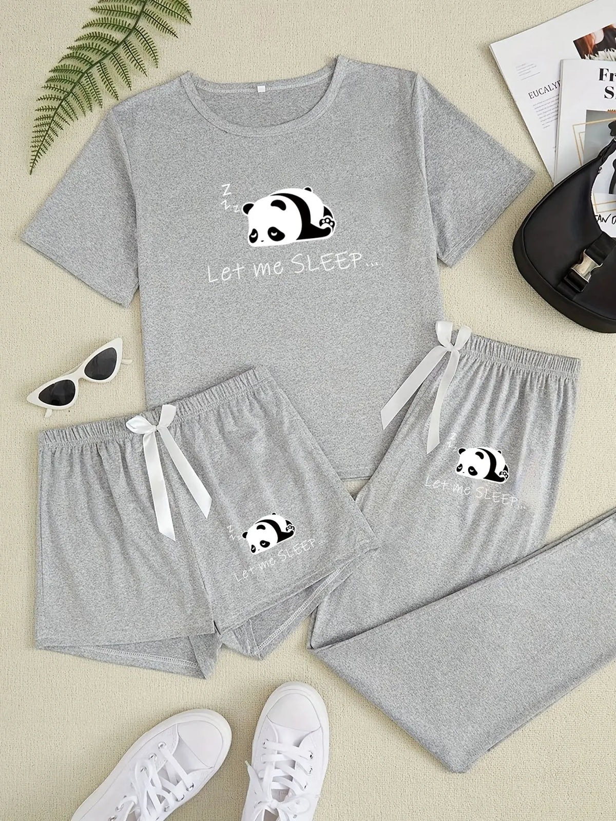 Cute Panda Three-Piece Home Set, Casual Loose-Fitting Cartoon Pattern, All-Seasons Comfortable Sleepwear, Pajama, Loose Fit Pajamas, Homewear, Loungewear, Pjs, Perfect for Daily Wear, Casual Comfy Pyjama