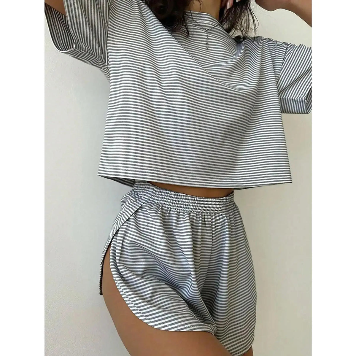 Women's 2-Piece Knitted Nightwear & Loungewear Set - Round Neck Short-Sleeve Loose Top, Split Shorts, Casual Home Wear with Playful Contrasting Stripes, Sohochic