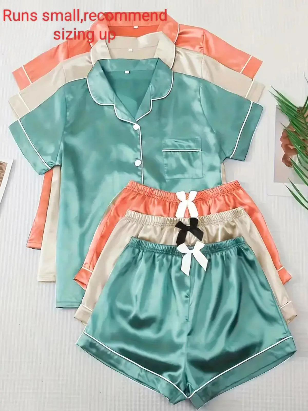 Fashion Six-Piece Women's Satin Pajama Set, Comfortable Summer Sleepwear Loungewear, Button Top and Bow Front Shorts, Casual Fitted Style, Casual Fitted Nightwear