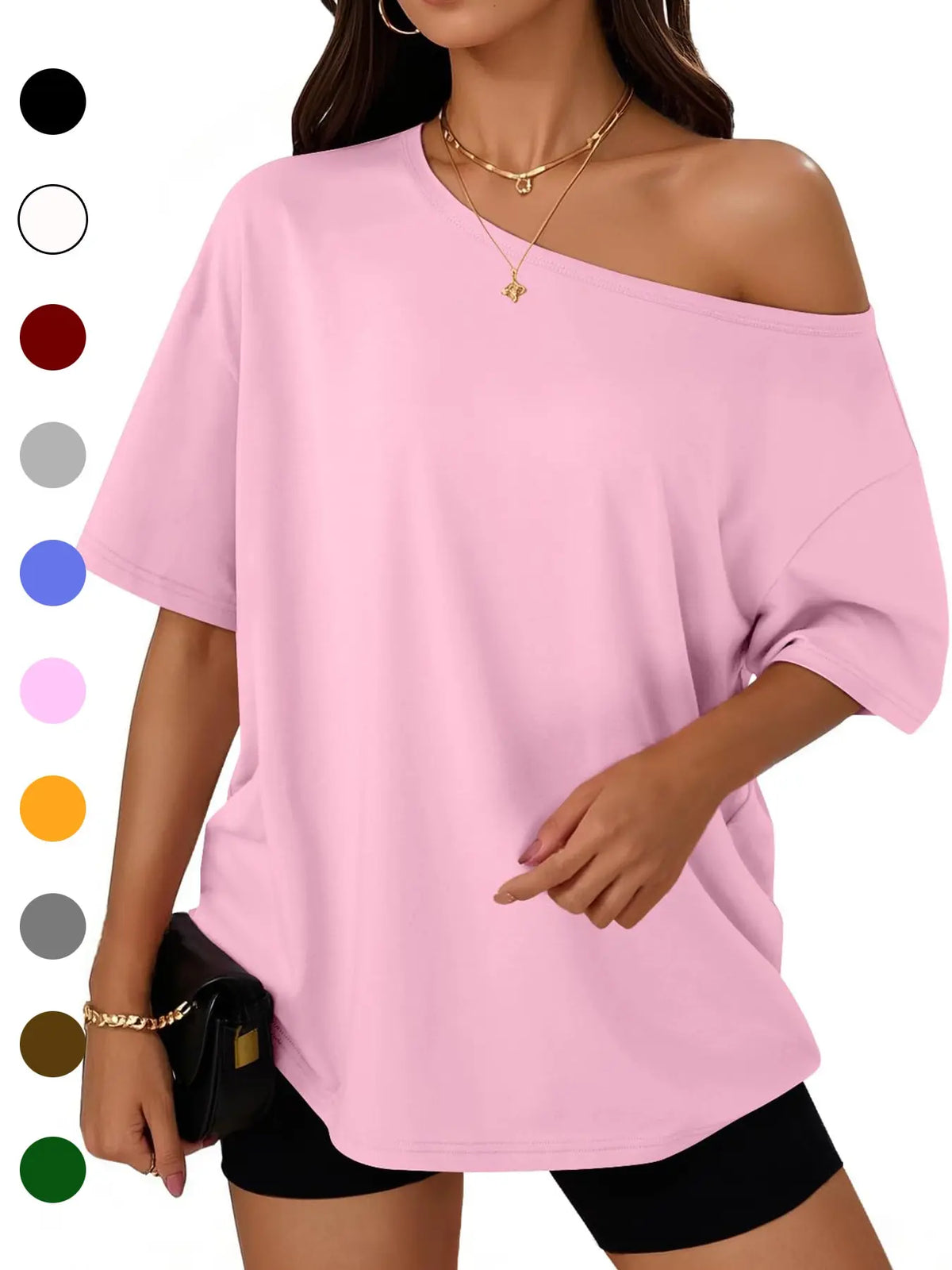 Women's Summer Shoulder-Exposed Sleepwear Set, Loose Fit Short Sleeve T-Shirt, Casual Home Wear, Outdoor Use, Loungewear, 1 Piece, Loose Lounge Clothes