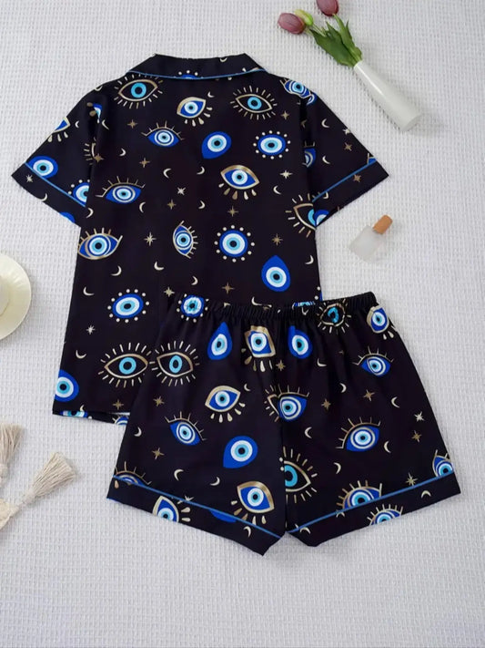 Women's Two-Piece Pajama Set, Casual Comfortable Short Sleeve Shirt with Pocket, Elastic Waist Shorts, All-Season Sleepwear Loungewear