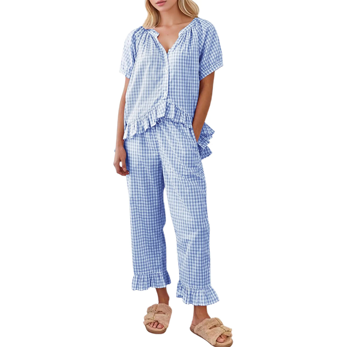Buenoble Womens Plaid 2 Piece Pajamas Sets Gingham Button Down Puff Sleeve Babydoll Shirt Ruffle Pants Y2K Pjs Lounge Set
