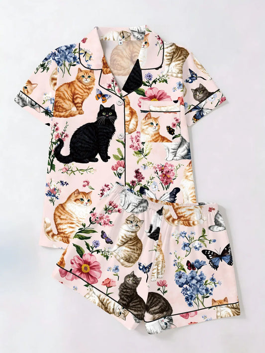 Cute Cat Garden Floral Print Short Sleeve Top Shorts Pajama Set, Fitted Casual Aesthetic Homeewear for Women, Casual Style Loungewear, All Seasons Wear, Two-Piece Sleepwear
