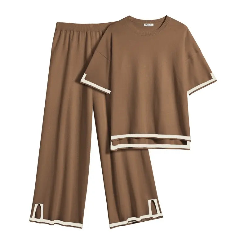 Ekouaer Women's 2-Piece Soft Solid Knitting Rayon Loungewear Set - Crew Neck Pullover Sweater Top with Patchwork Sleeves, Wide Leg Tracksuit Pants with Split Design, Casual Nightwear