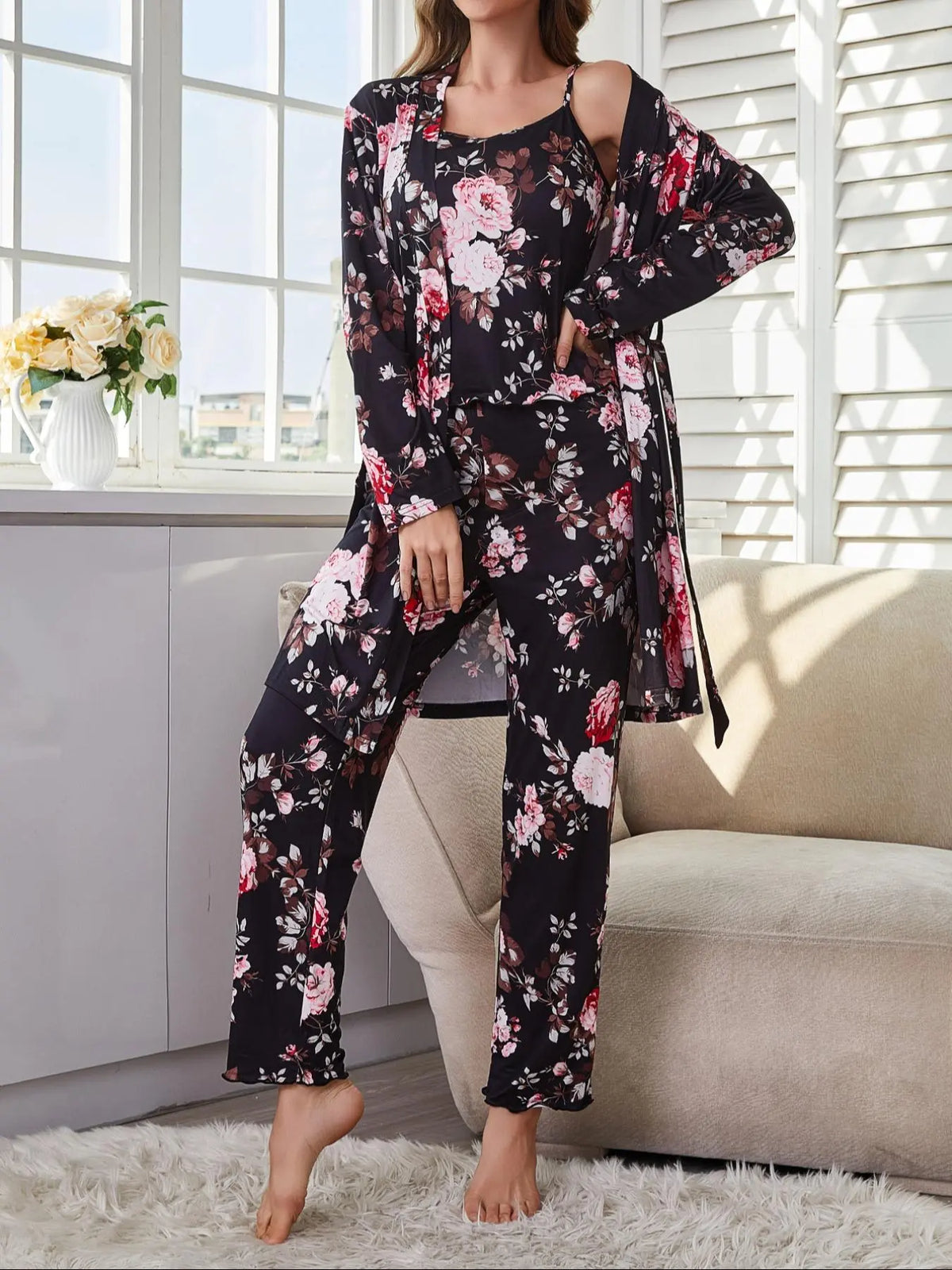 Women's All Over Floral Print Pajama Set, Long Sleeve Open Front Outwear & Pants & Cami Top, Casual Comfy Fitted Sleepwear Set for Women, Loungewear, Knit, Camisole