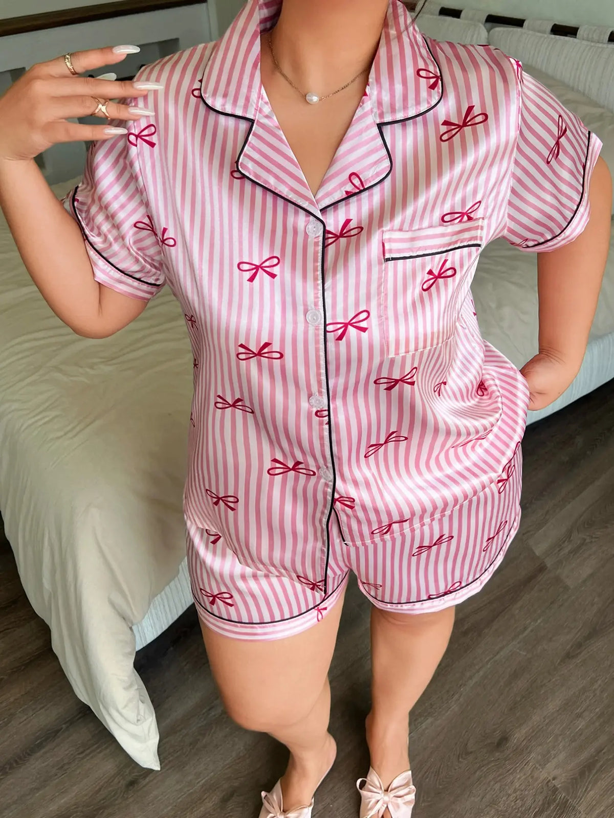 Women's Plus Size Satin Pajama Set, Cute Striped Butterfly Print, Summer Short Sleeve Collared Top and Bow Shorts, Casual Home Wear, Loungewear Sleepwear Set, Shorts Pajamas Set