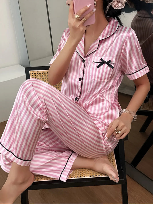 Women's Luxury Striped Satin Sleepwear Set, Soft Fabric Short Sleeve Button-Up Top and Elastic Waist Pants, Casual Home Clothing Loungewear Pjs Set