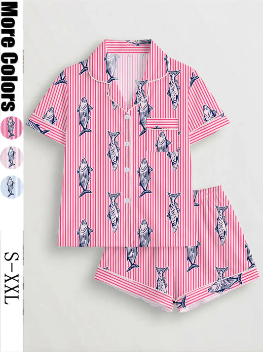 Women's Fish-Print Pajama Set, Short-Sleeve Button-Up Top and Elastic Shorts, Comfortable All-Season Loungewear for Home