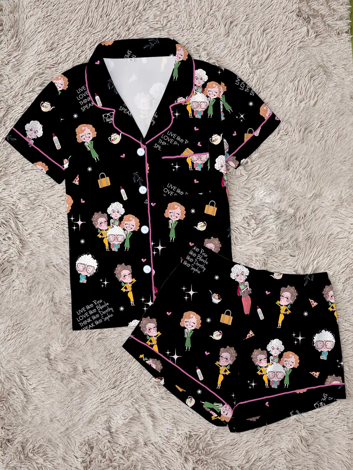 Classic Golden Girls Theme Print Lapel Short Sleeve Shirt & Shorts Fitted Collared Set, Casual Pajamas Set, Polyester Loungewear Set, Casual Chic Style Comfortable Lightweight Loungewear Nightwear for All Seasons, Ideal Party Gift Pjs, Pajama Sets