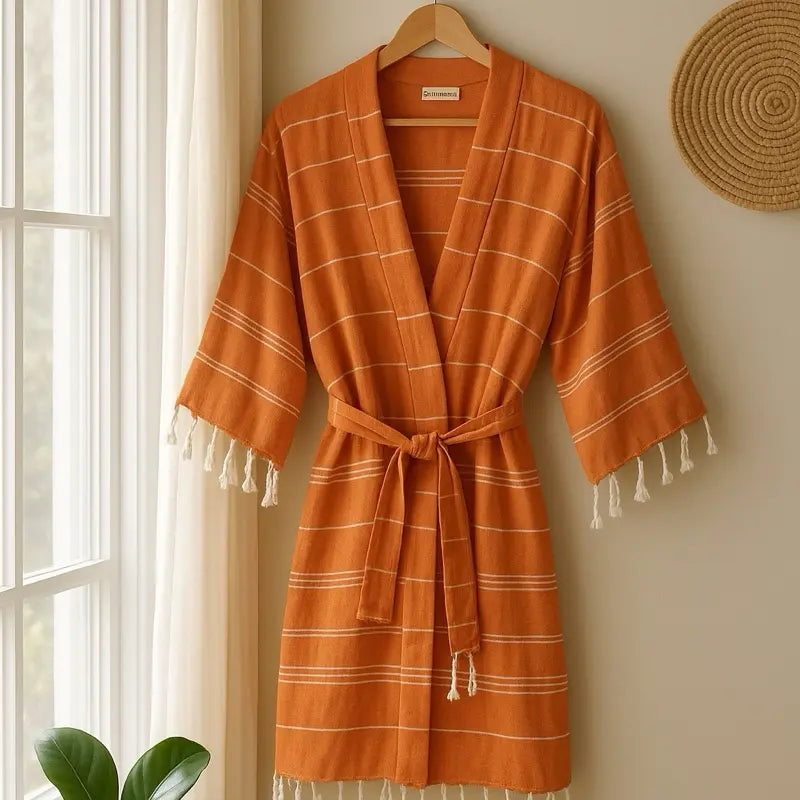 Sun-kissed Robe - Orange Striped Bathrobe with Soft Cotton Material and Stylish Knot Front