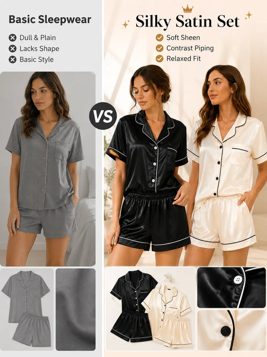 Women’s 2-Piece Satin Pajama Set - Button-Down Short-Sleeve Top, Elastic-Waist Above-Knee Shorts, Everyday Basic Cute Silky Soft Lightweight Home Sleepwear & Loungewear