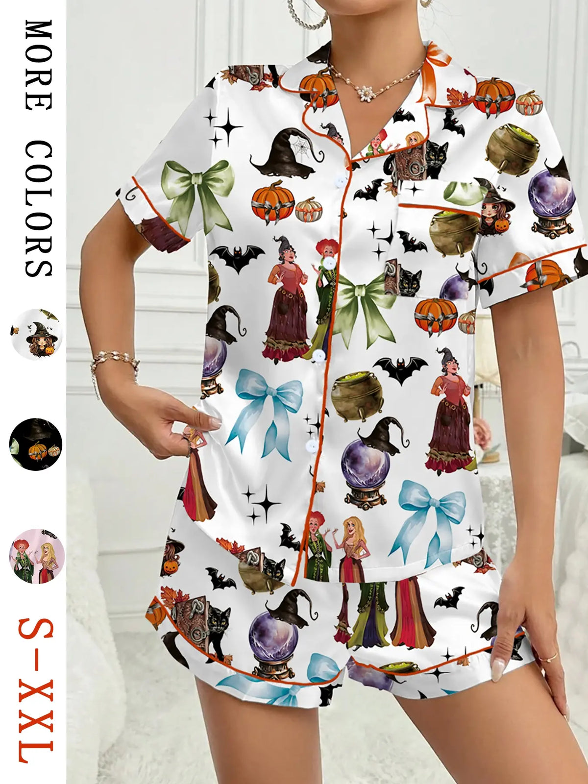 【Halloween】 Pumpkin & Bat Print Short Sleeve Fitted Women's Pajama Set Pjs, Knitted Fabric Sleepwear, Comfortable Elastic Casual Sleepwear and Loungewear for Halloween, Perfect for Sleep and Leisure