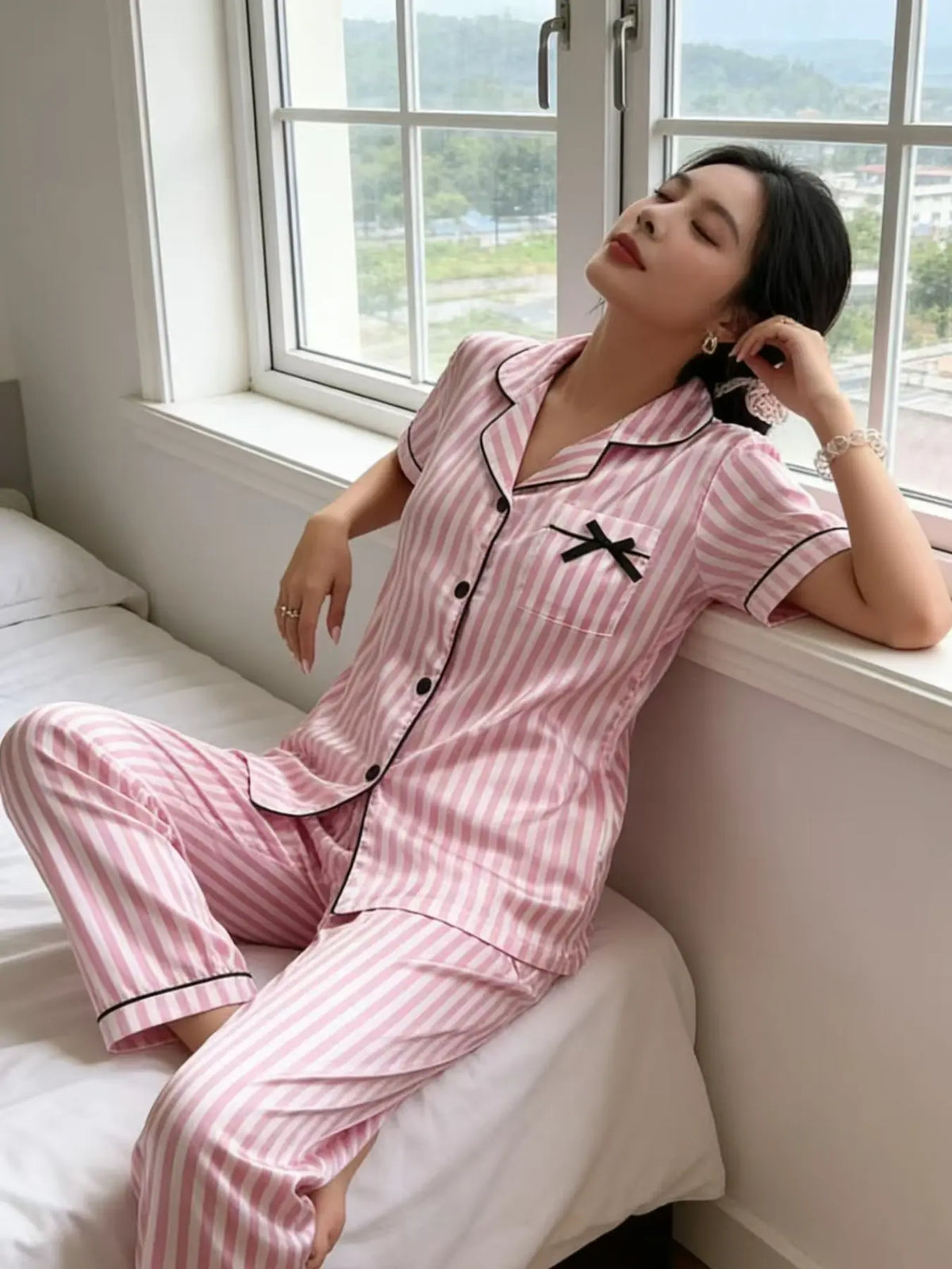 Women's Luxury Striped Satin Sleepwear Set, Soft Fabric Short Sleeve Button-Up Top and Elastic Waist Pants, Casual Home Clothing Loungewear Pjs Set
