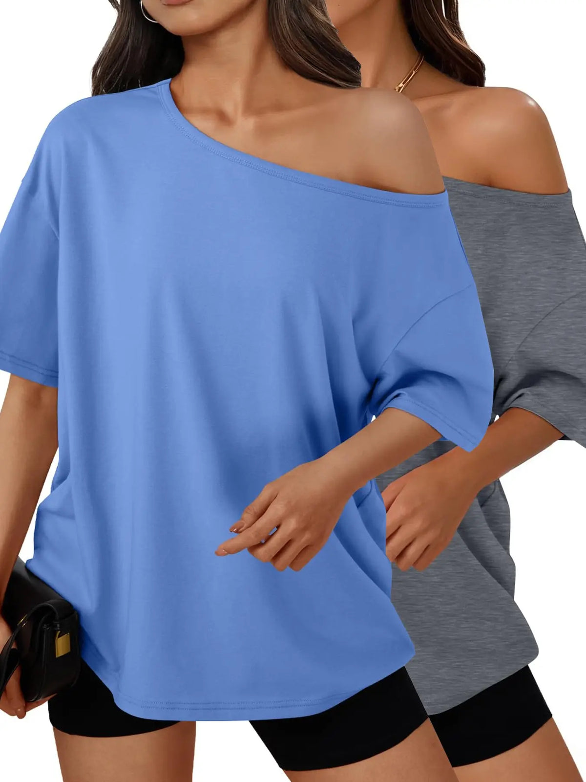 Women's Summer Shoulder-Exposed Sleepwear Set, Loose Fit Short Sleeve T-Shirt, Casual Home Wear, Outdoor Use, Loungewear, 1 Piece, Loose Lounge Clothes