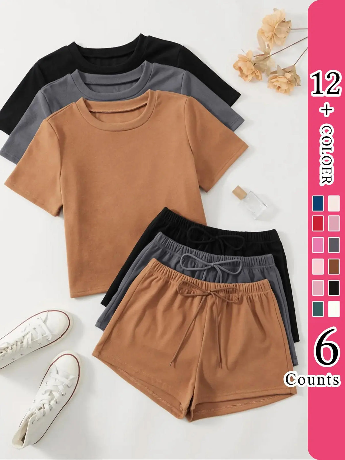 Women's Classic All-Season Pajama Set, Comfortable Round-Neck Short-Sleeve Fitted Top & Elastic Shorts, Solid Color Nightwear, Casual Home Wear, Loungewear