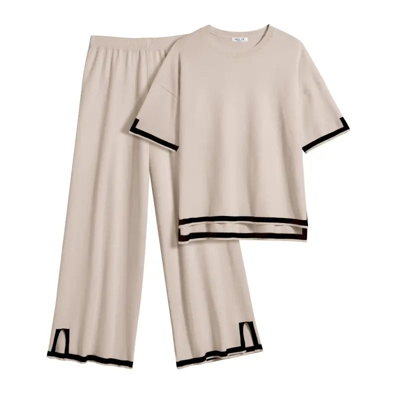 Ekouaer Women's 2-Piece Soft Solid Knitting Rayon Loungewear Set - Crew Neck Pullover Sweater Top with Patchwork Sleeves, Wide Leg Tracksuit Pants with Split Design, Casual Nightwear