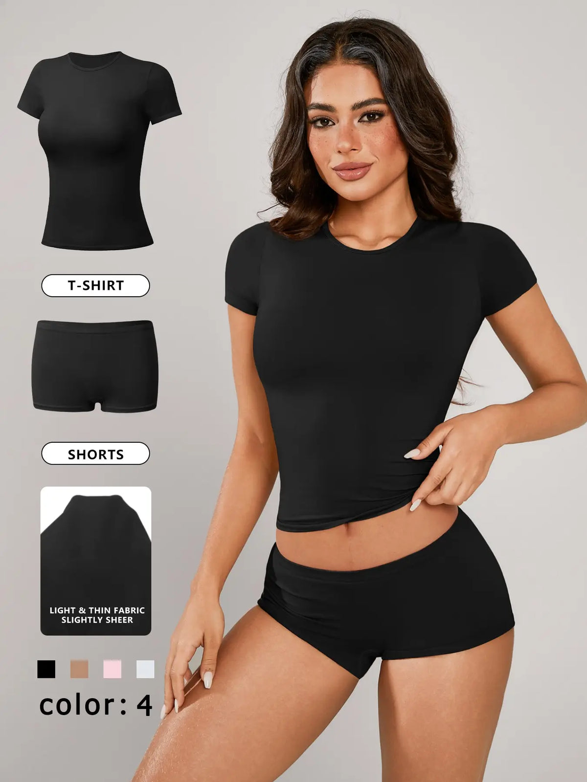 Women's Solid Crop Tee & Shorts Loungewear, Casual Comfy Round Neck Short Sleeve T-Shirt & Shorts PJ Set, Ladies Sleepwear for All Seasons, Pajama, Casual Lightweight Loungewear