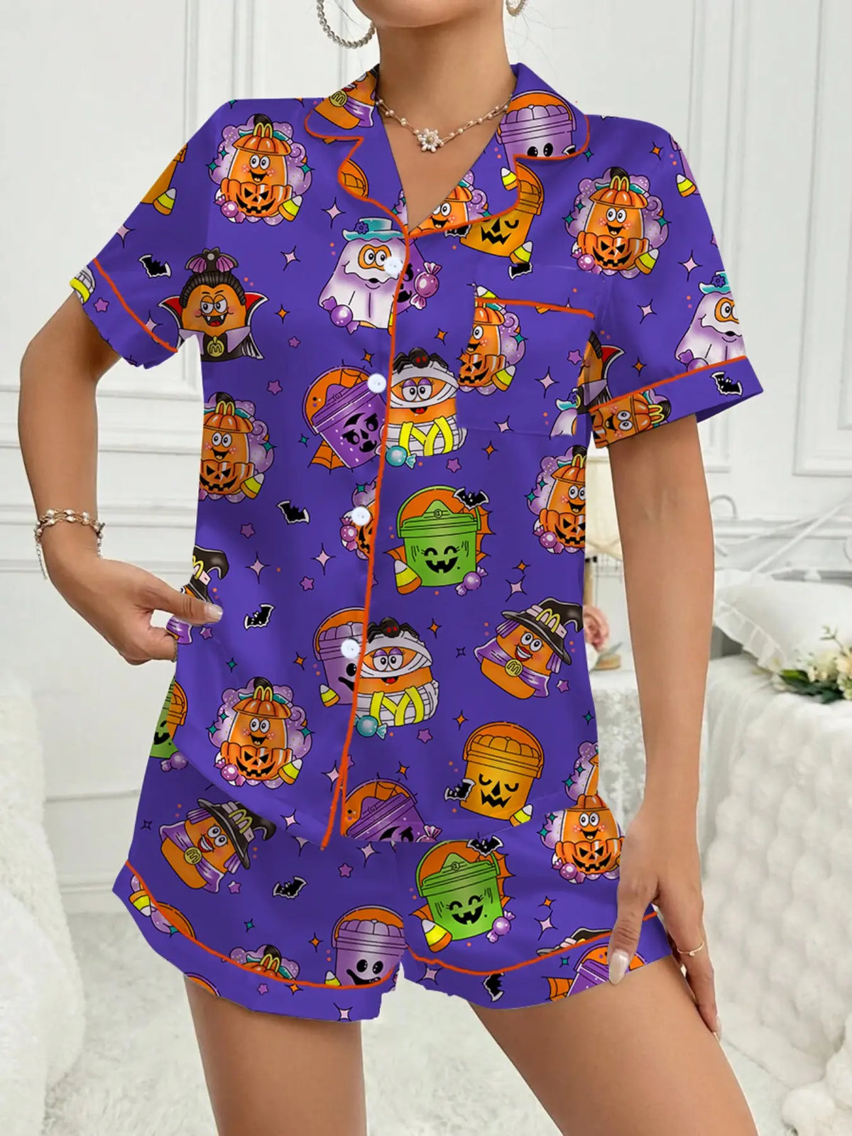 【Halloween】Women's Halloween Print Pajama Set, Printed Pajama Set, Casual Comfy Short Sleeve Top & Shorts Set, Ladies Sleepwear for All Seasons, Party Style Loungewear