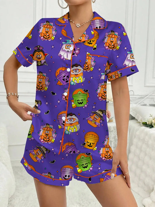 【Halloween】Women's Halloween Print Pajama Set, Printed Pajama Set, Casual Comfy Short Sleeve Top & Shorts Set, Ladies Sleepwear for All Seasons, Party Style Loungewear