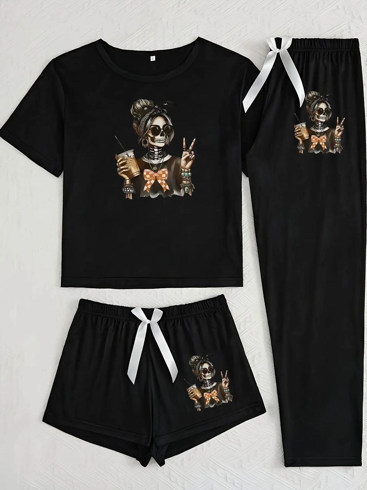 Halloween Skull Girl Print Pajama Chic Set Knit Pjs for Women, Fitted Pajama Sets, Casual Fitted Sleepwear Loungewear, All Seasons Comfortable Nightwear, Moderate Fabric Thickness, Everyday Womenswear
