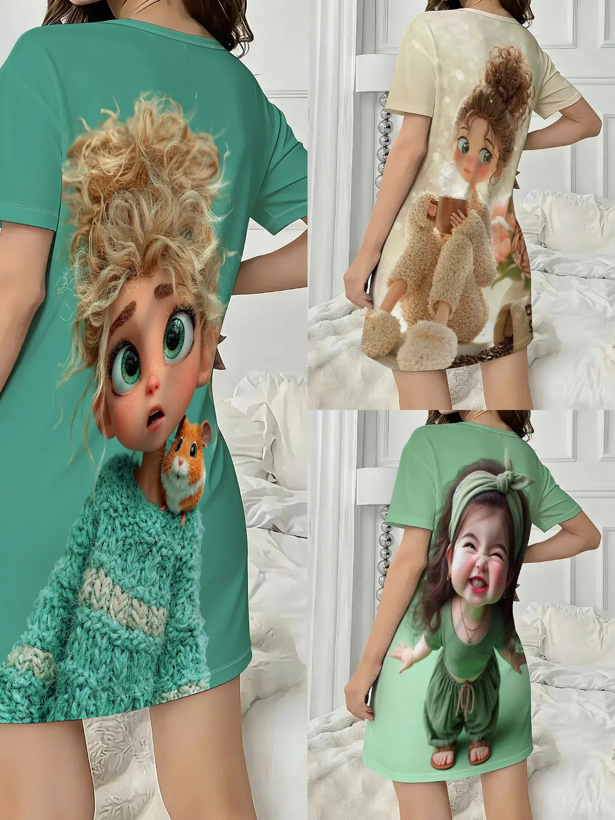 3-Piece Set Cute Plush Animal Large Print Short Sleeve Round Neck Women's Nightgown Pajamas Pjs, Spring Summer Autumn Wear, Casual Home Sleepwear