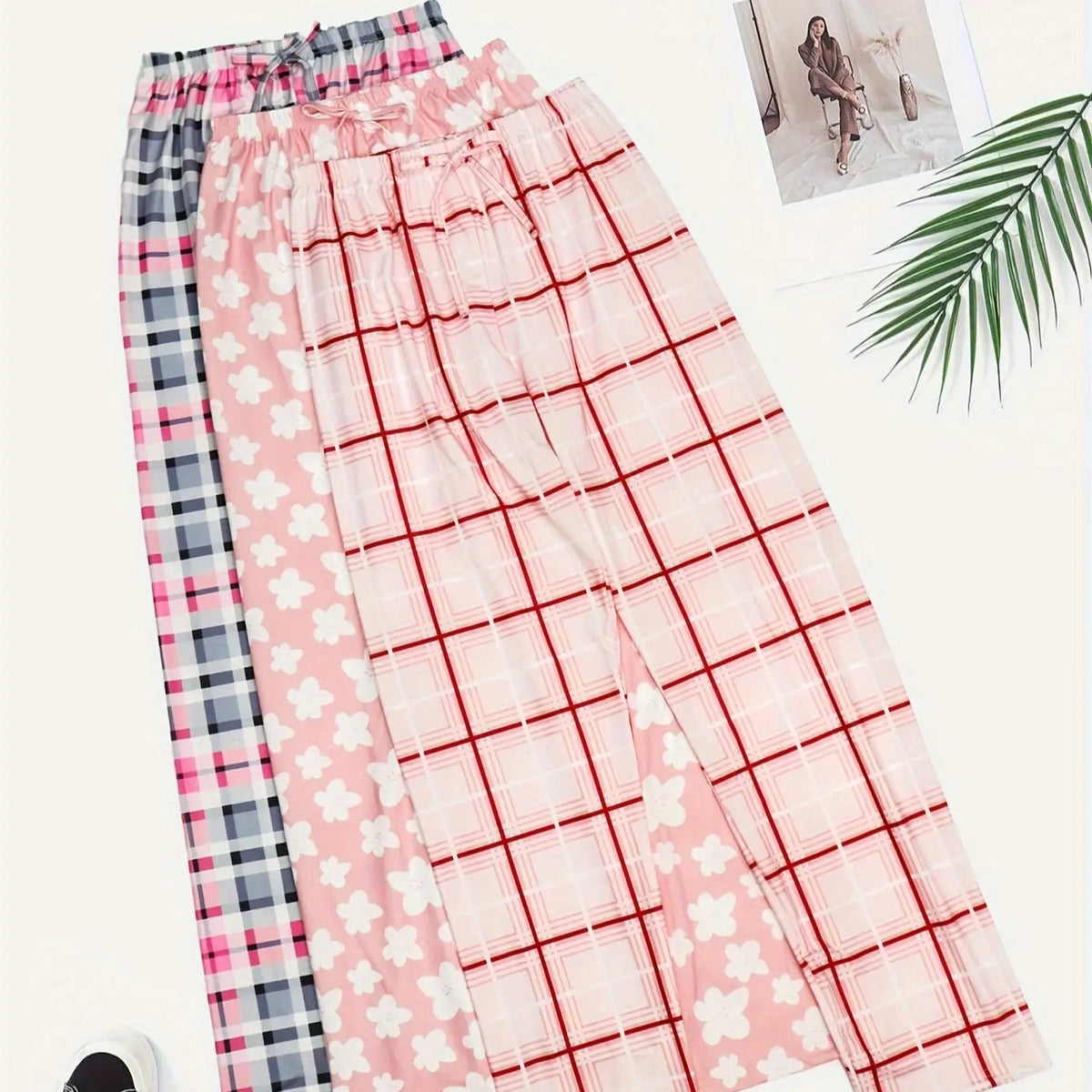 2026 Cute Summer 3 PCS Set Per Pack Sleeping Pants Women's Soft Drawstring Elastic Waist Loose Cute Heart Knit Causal Pajamas Trousers Red PJ Bottom Comfort Loungewear  Fabric Casual Floral Pajama Set pantalón  pijama matching pants pjs pants  pyjama