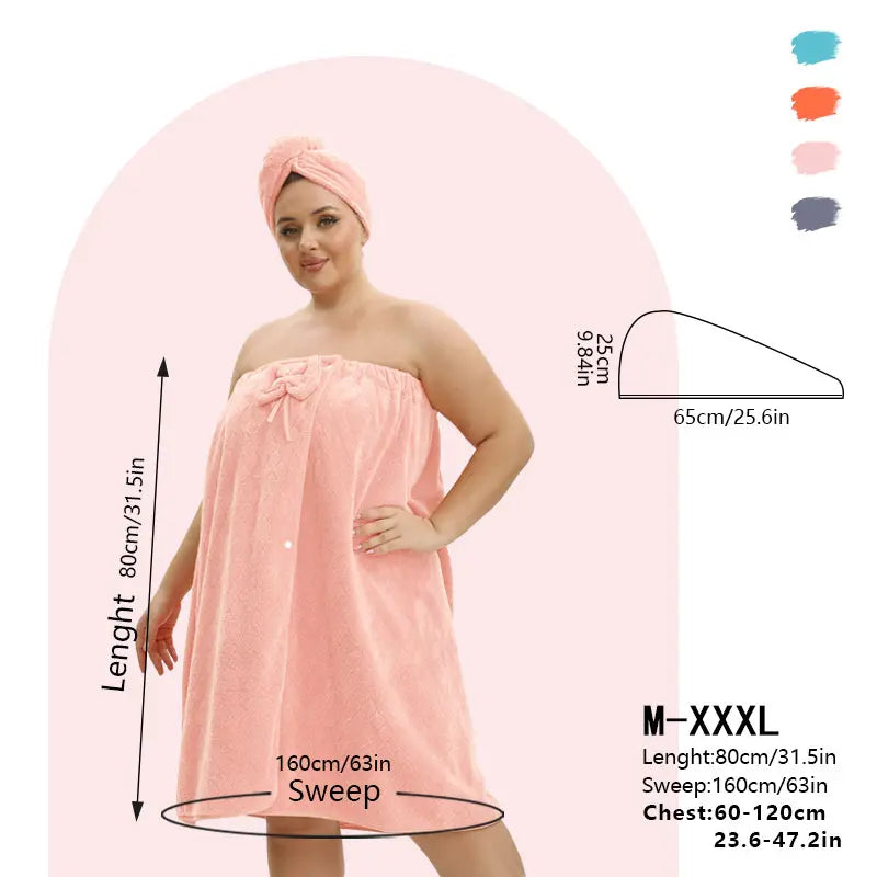 1 Pcs Bathrobe / 2-Piece Bath Skirts Set - 80x210cm & 80x160cm, 350GSM, Oversized Bathing Towel + Ladies' Bath Cap + Adjustable Wearable Skirt, Fits M-XXXXL, Thickened, Ideal for Home, Travel, Sauna & Spa