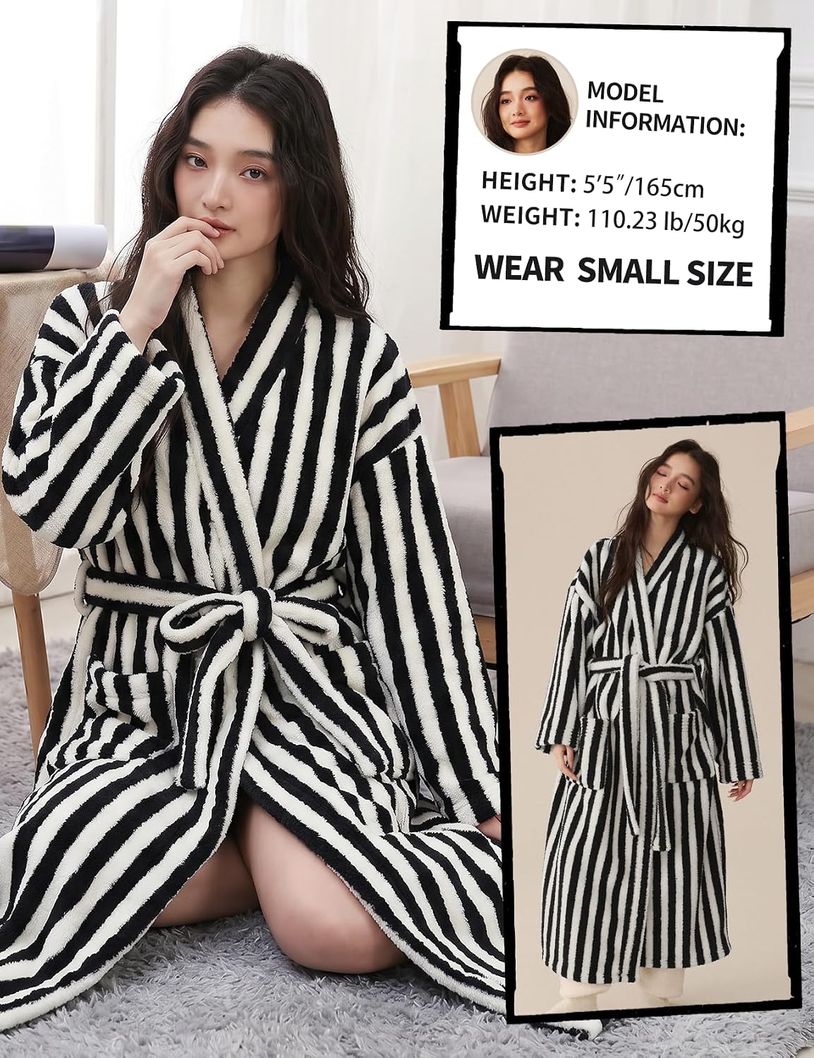 Arssm Womens Striped Fluffy Robe Long Plush Fuzzy Warm Bathrobes