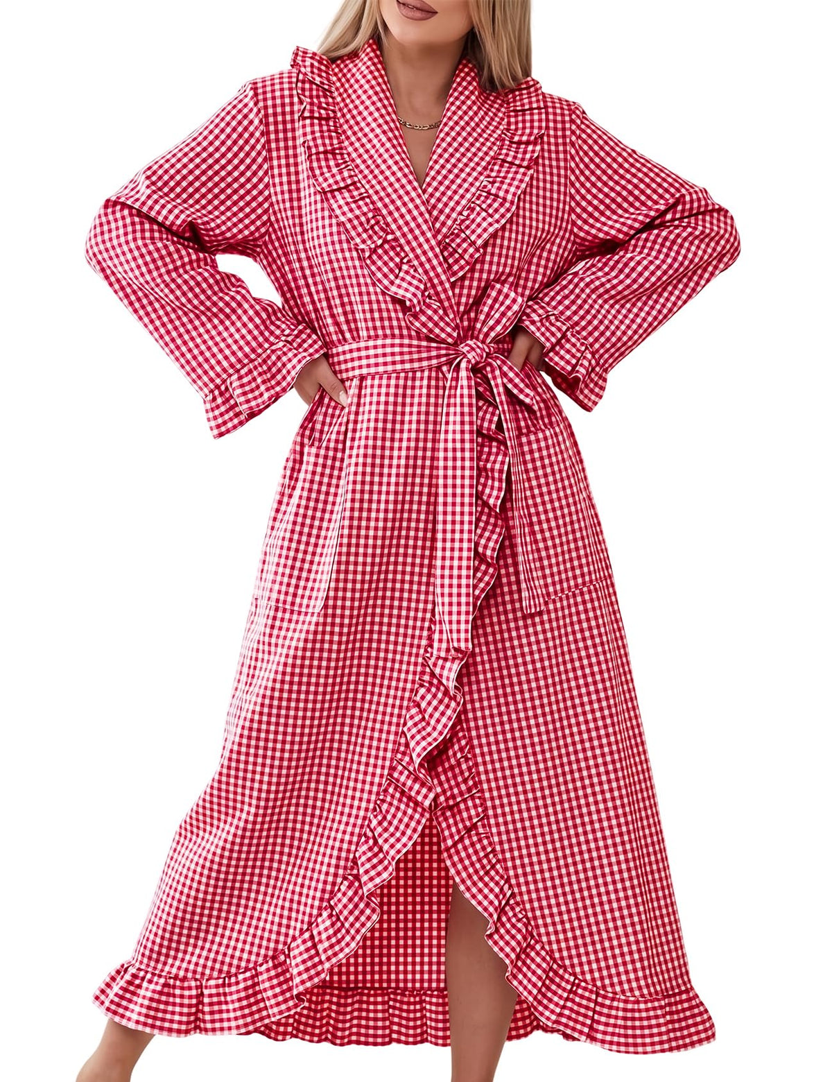 Gihuo Cotton Robes for Women Gingham Long Sleeve Ruffle Trim Bathrobe