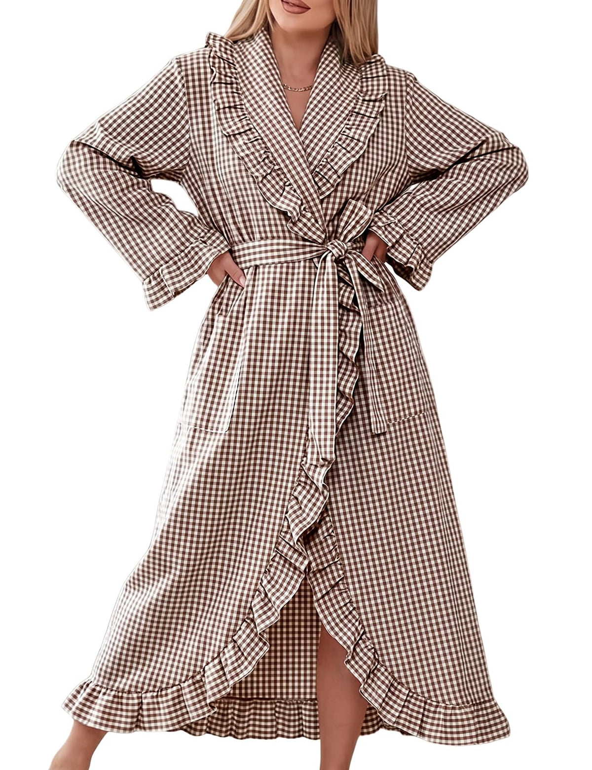 Gihuo Cotton Robes for Women Gingham Long Sleeve Ruffle Trim Bathrobe