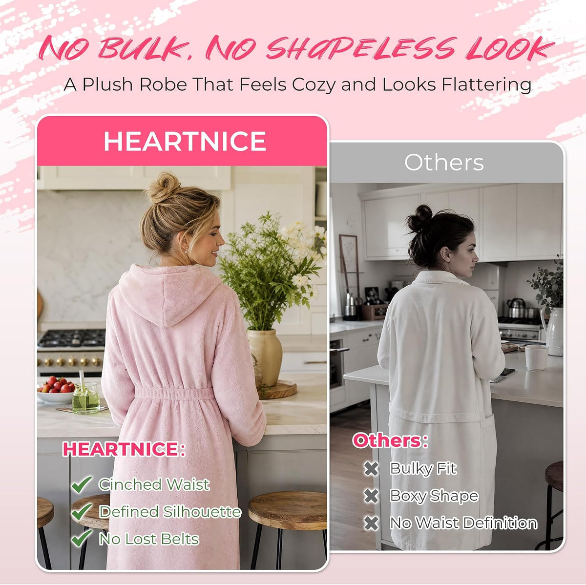 HEARTNICE Womens Hooded Fluffy Robe, Soft Long Bathrobe with Cinched Waist, Cozy Housecoat with Pockets
