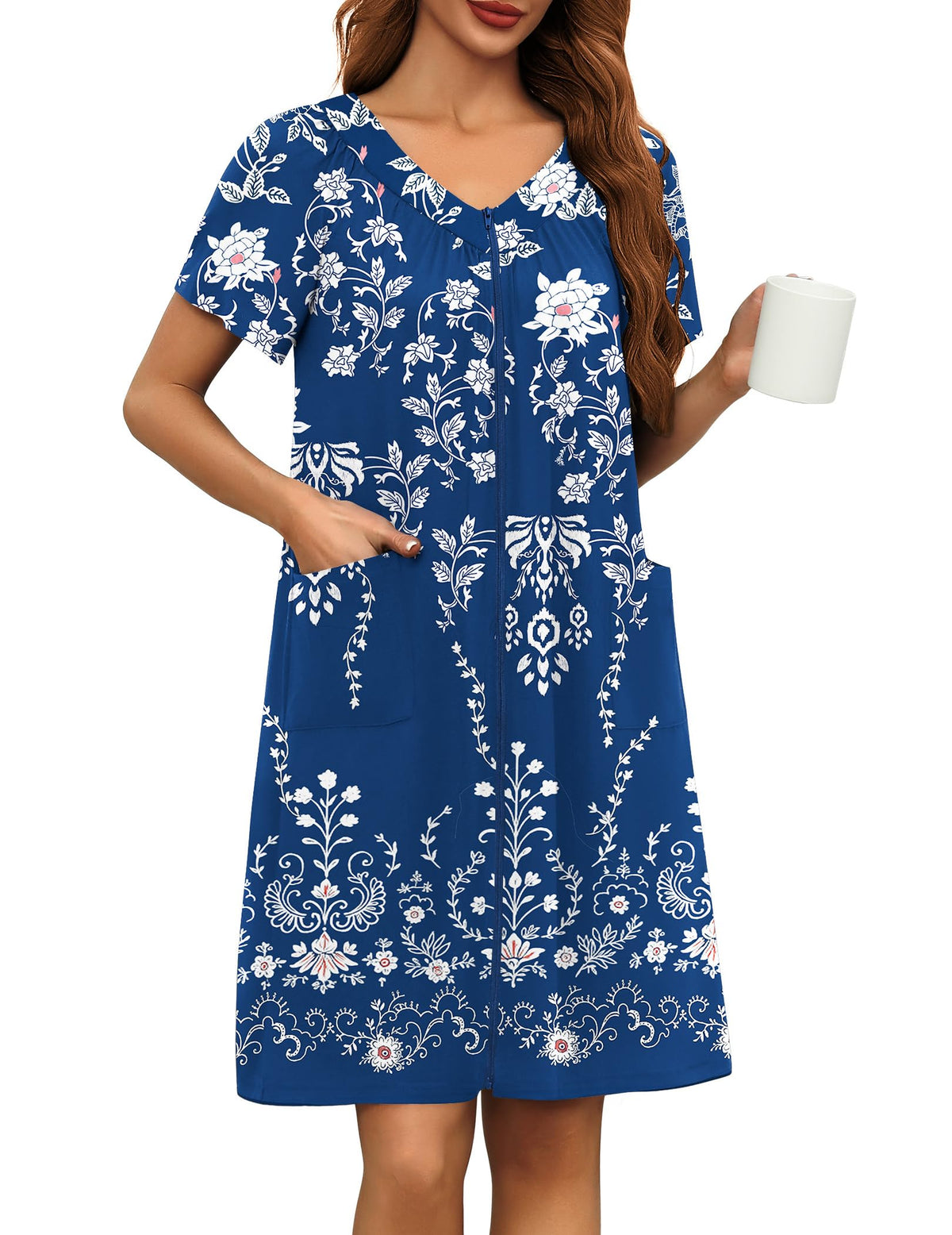 Ekouaer Women's Zipper Front Mumu Duster Robes with Pockets Soft Housecoat