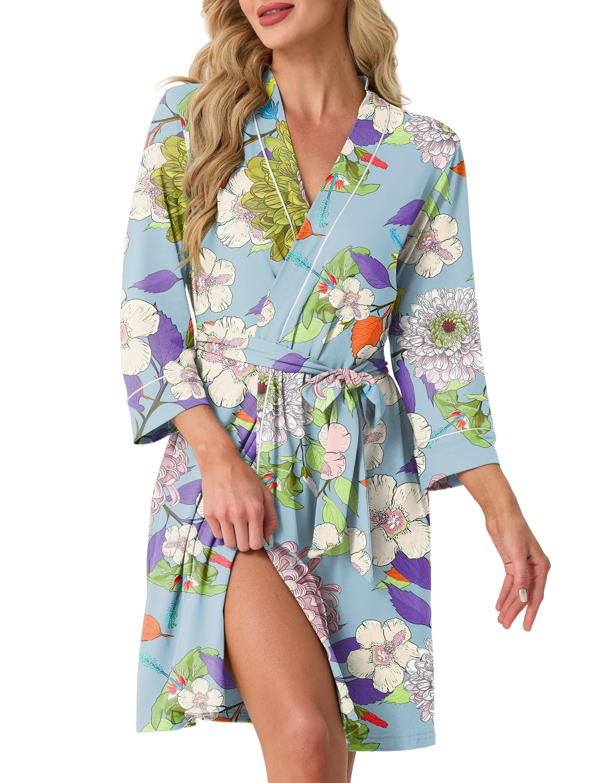 PrinStory Womens Robe Knee Length Soft Knit Bathrobe S-2XL
