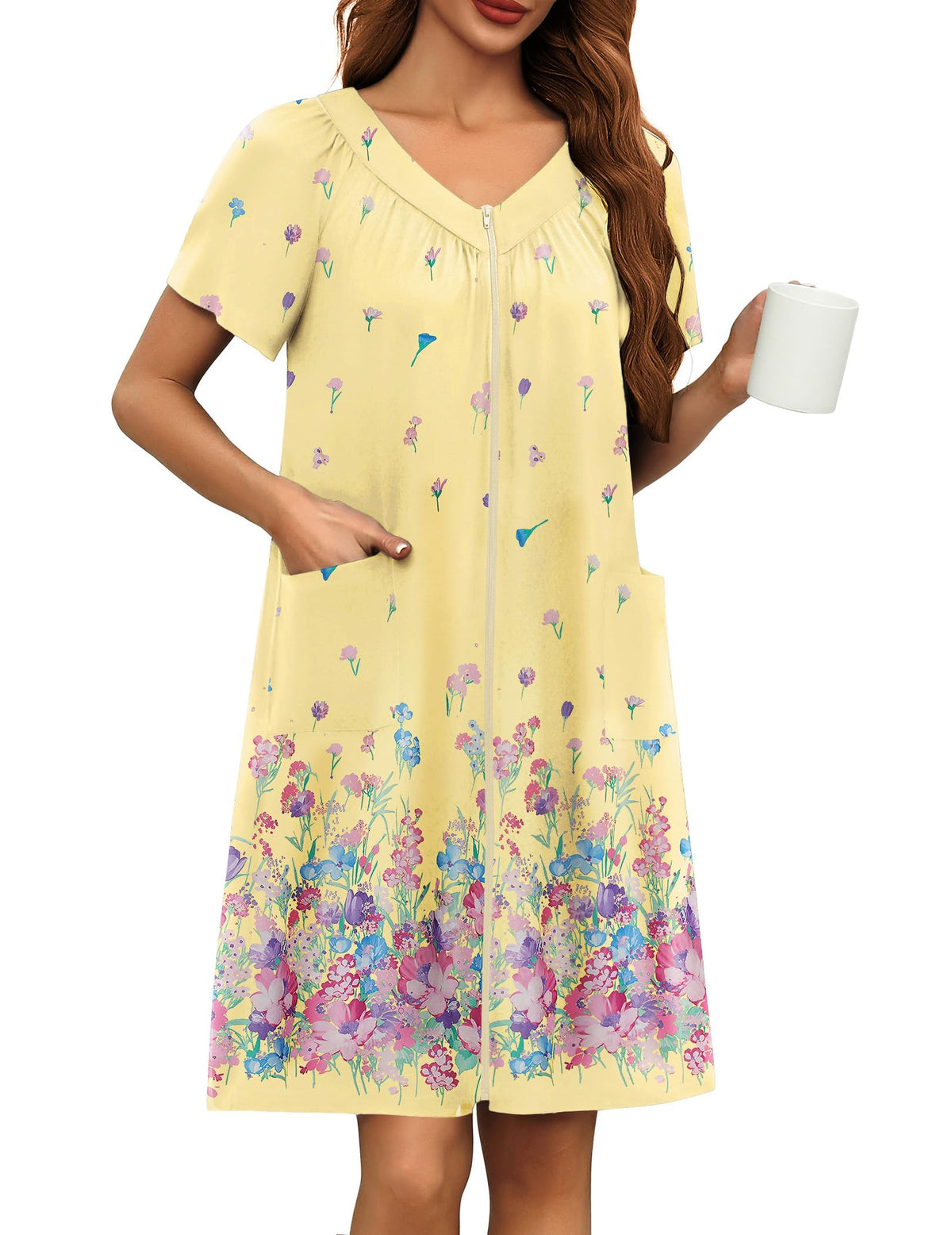 Ekouaer Women's Zipper Front Mumu Duster Robes with Pockets Soft Housecoat