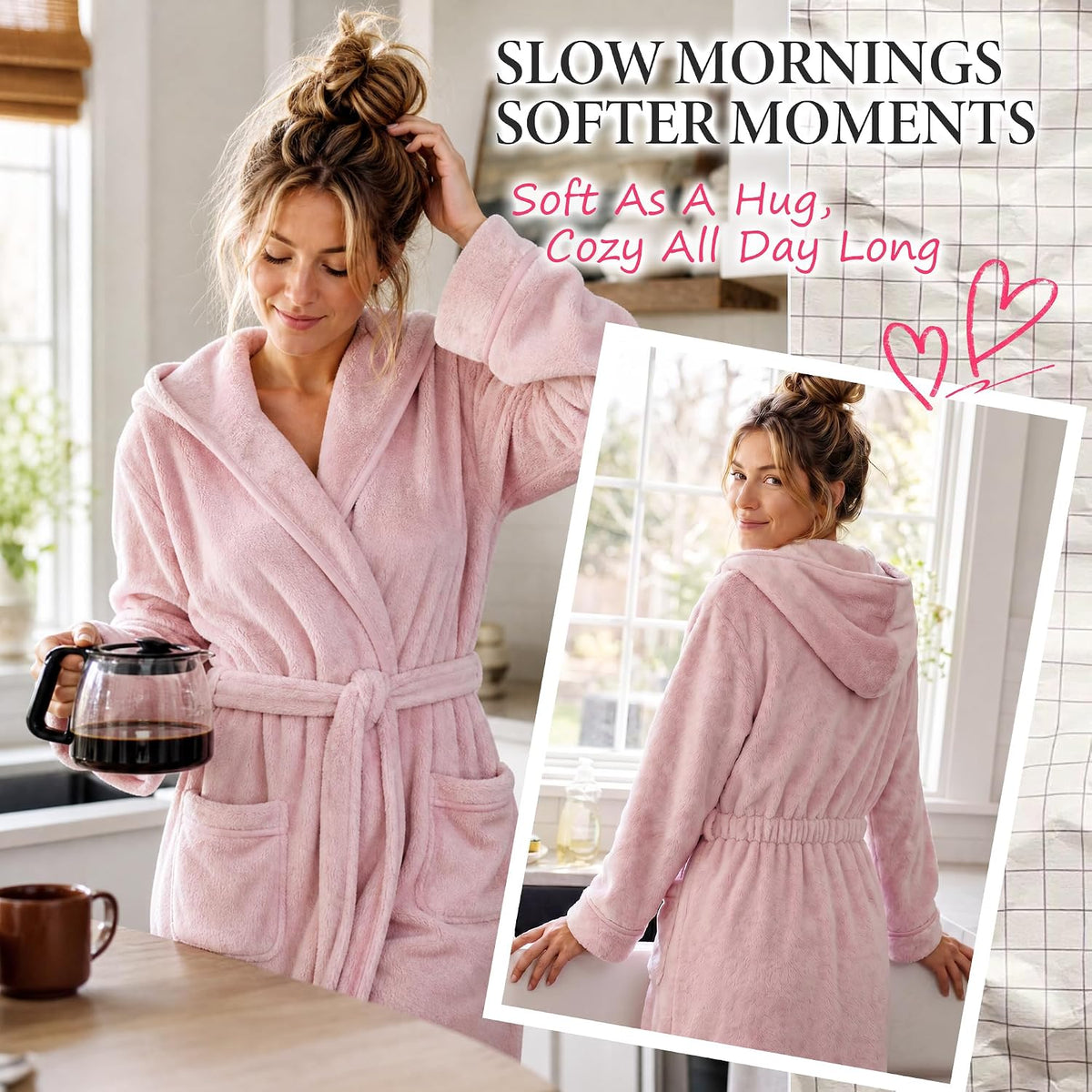 HEARTNICE Womens Hooded Fluffy Robe, Soft Long Bathrobe with Cinched Waist, Cozy Housecoat with Pockets