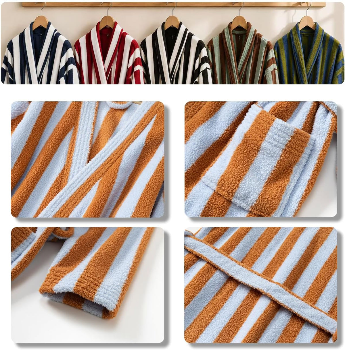 Women's Striped Plush Robe Long Soft Fluffy Bathrobe