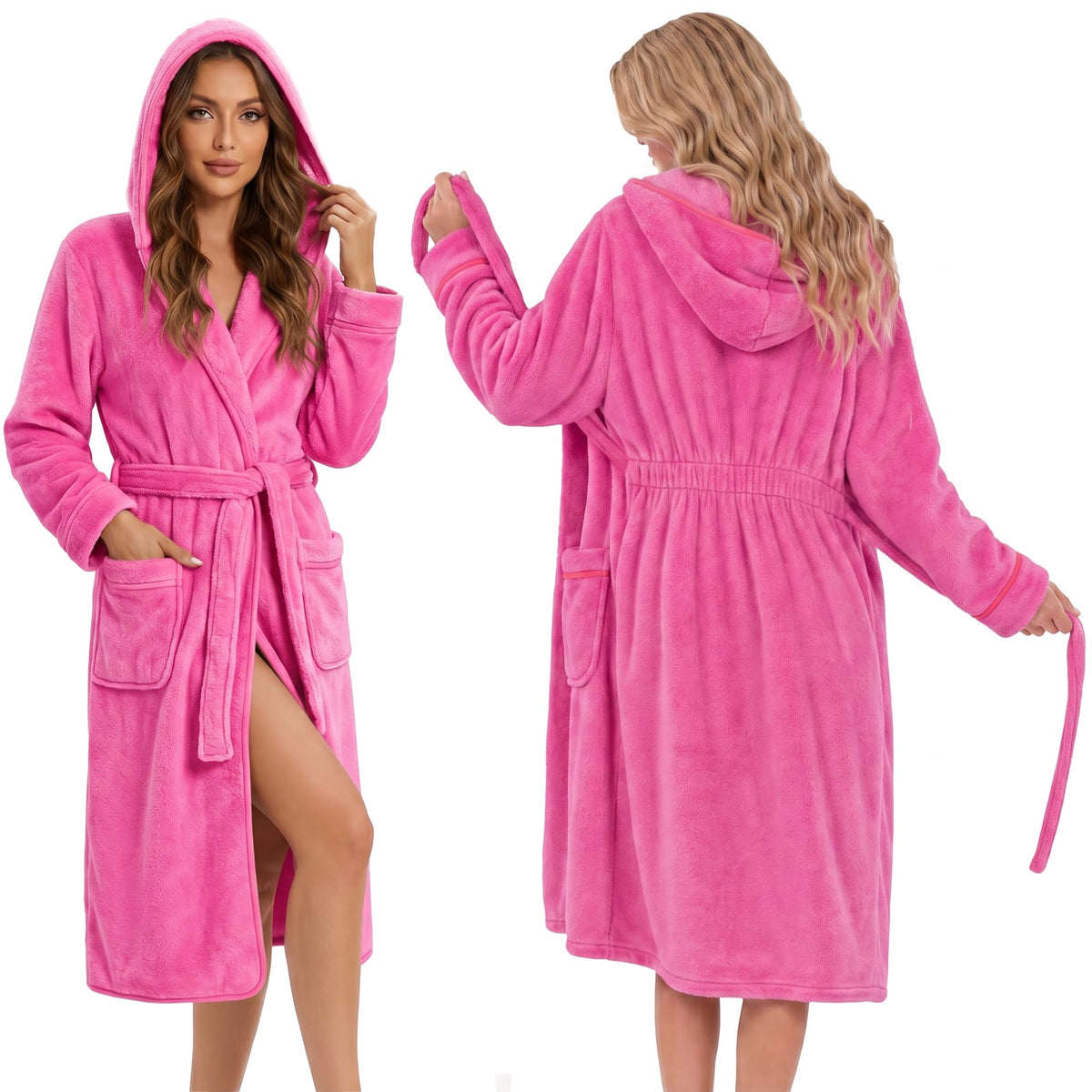 HEARTNICE Womens Hooded Fluffy Robe, Soft Long Bathrobe with Cinched Waist, Cozy Housecoat with Pockets
