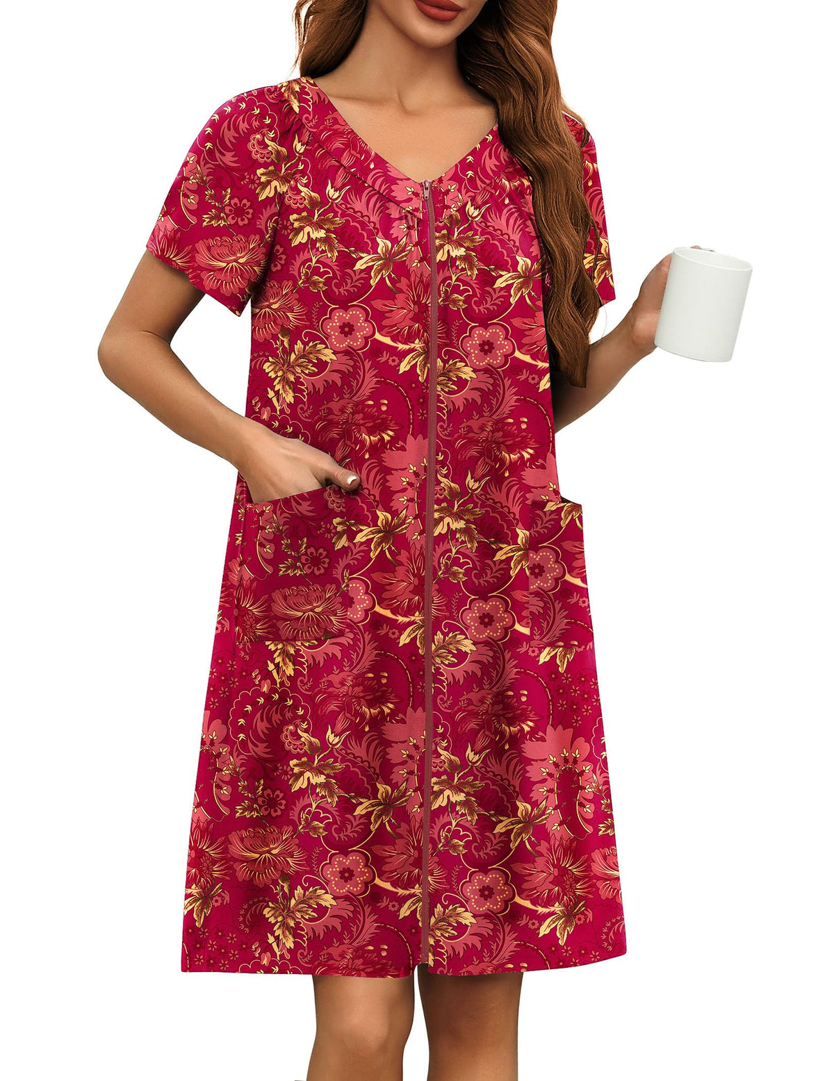 Ekouaer Women's Zipper Front Mumu Duster Robes with Pockets Soft Housecoat